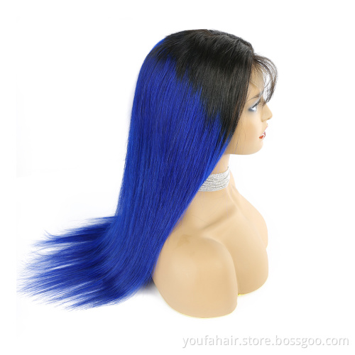 Brazilian Virgin Human Hair 1b/blue Ombre Color 4x4 HD Lace Closure Wig Pre Plucked Transparent Lace Front Wigs with Baby Hair